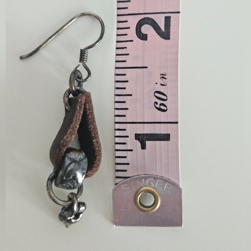 Leather & Silver Heart Drop Earrings | SZ 1.5" - Picture 2 of 8